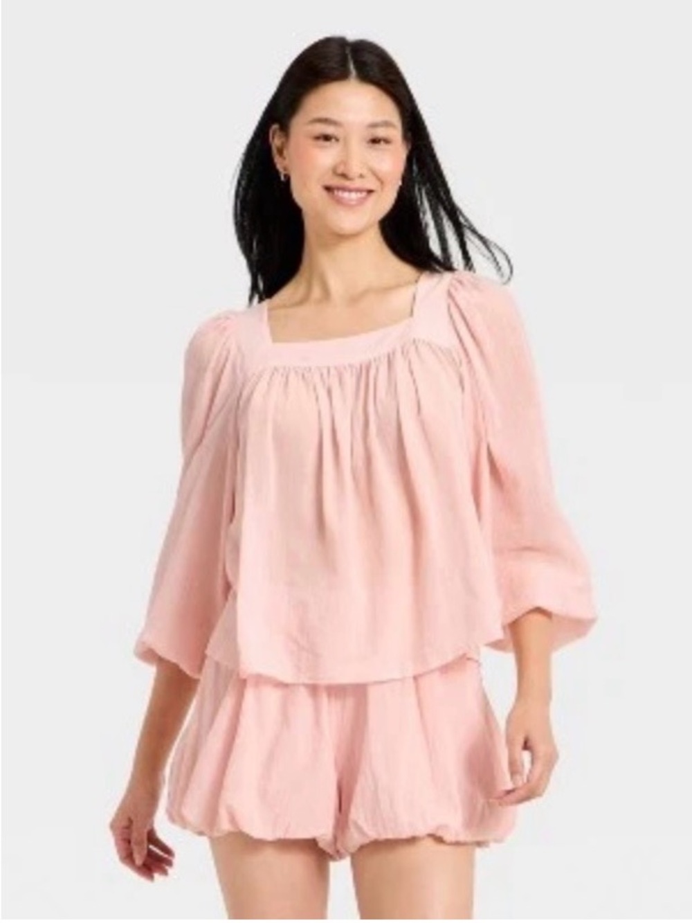 Pink Square-Neck Flutter Sleeve Blouse